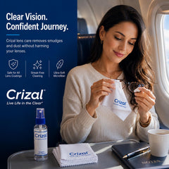 Crizal kit dentro de bolso de viaje, cuidado portátil para lentes