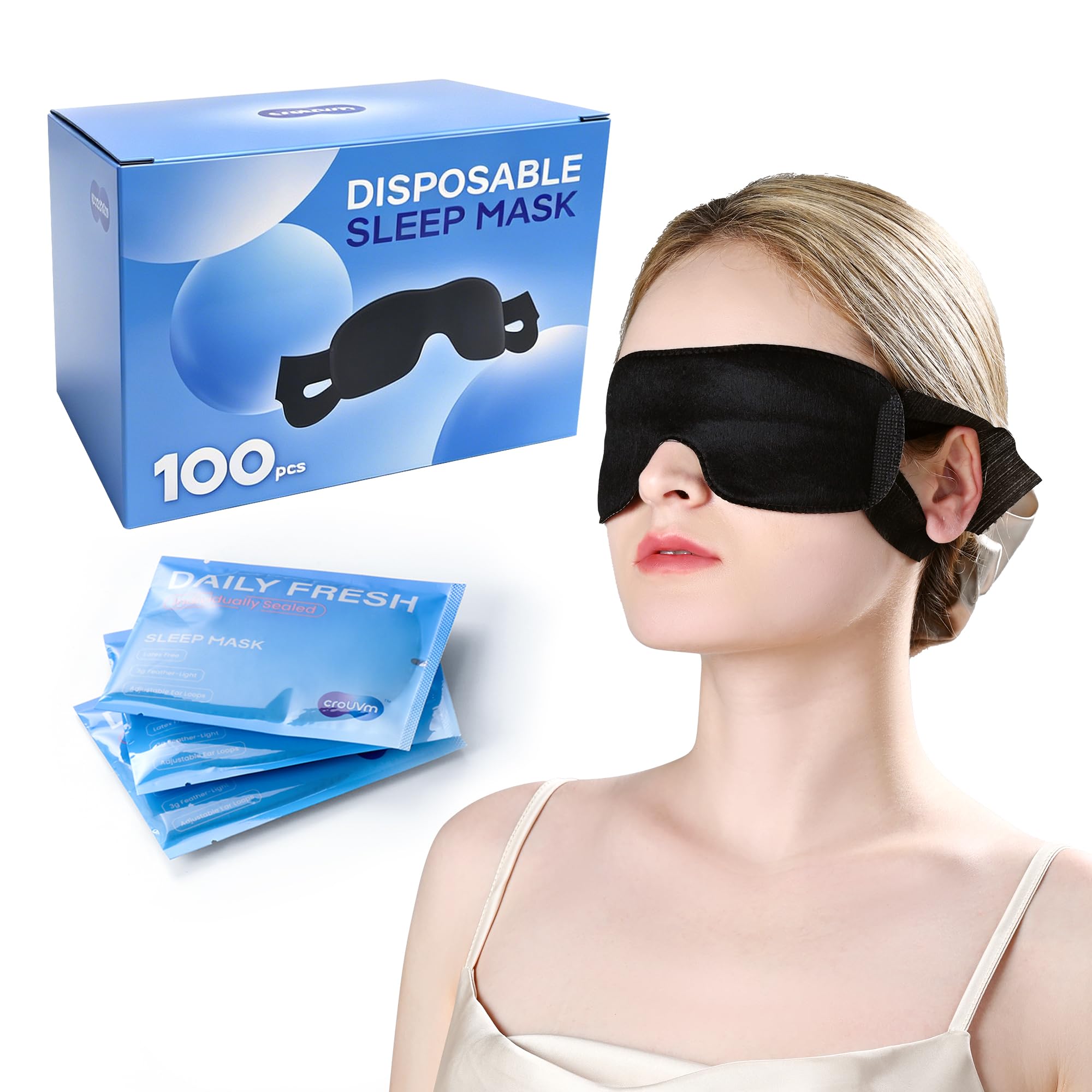 CROUVM empaque frontal mostrando antifaces negros y beneficio higiene