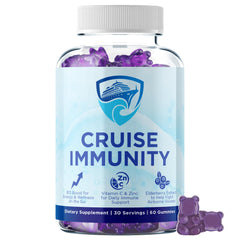 CRUISE IMMUNITY vista frontal del frasco mostrando diseño y cantidad, fácil de llevar