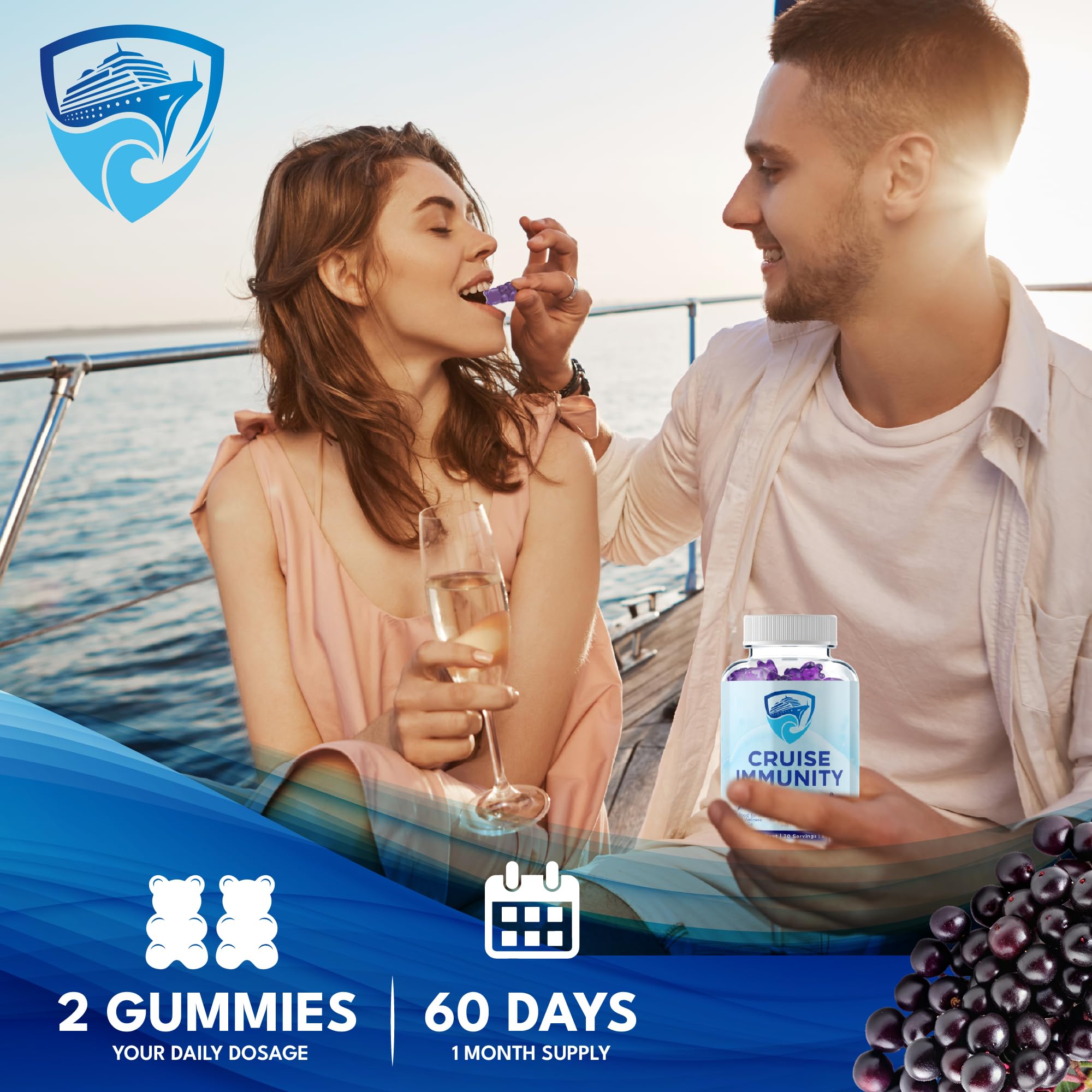 CRUISE IMMUNITY frasco junto a pasaporte para comparar tamaño, ideal para equipaje de mano