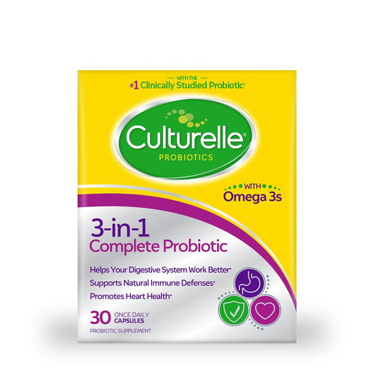 Culturelle frente del empaque mostrando beneficios y formato de 30 cápsulas