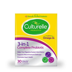 Culturelle frente del empaque mostrando beneficios y formato de 30 cápsulas
