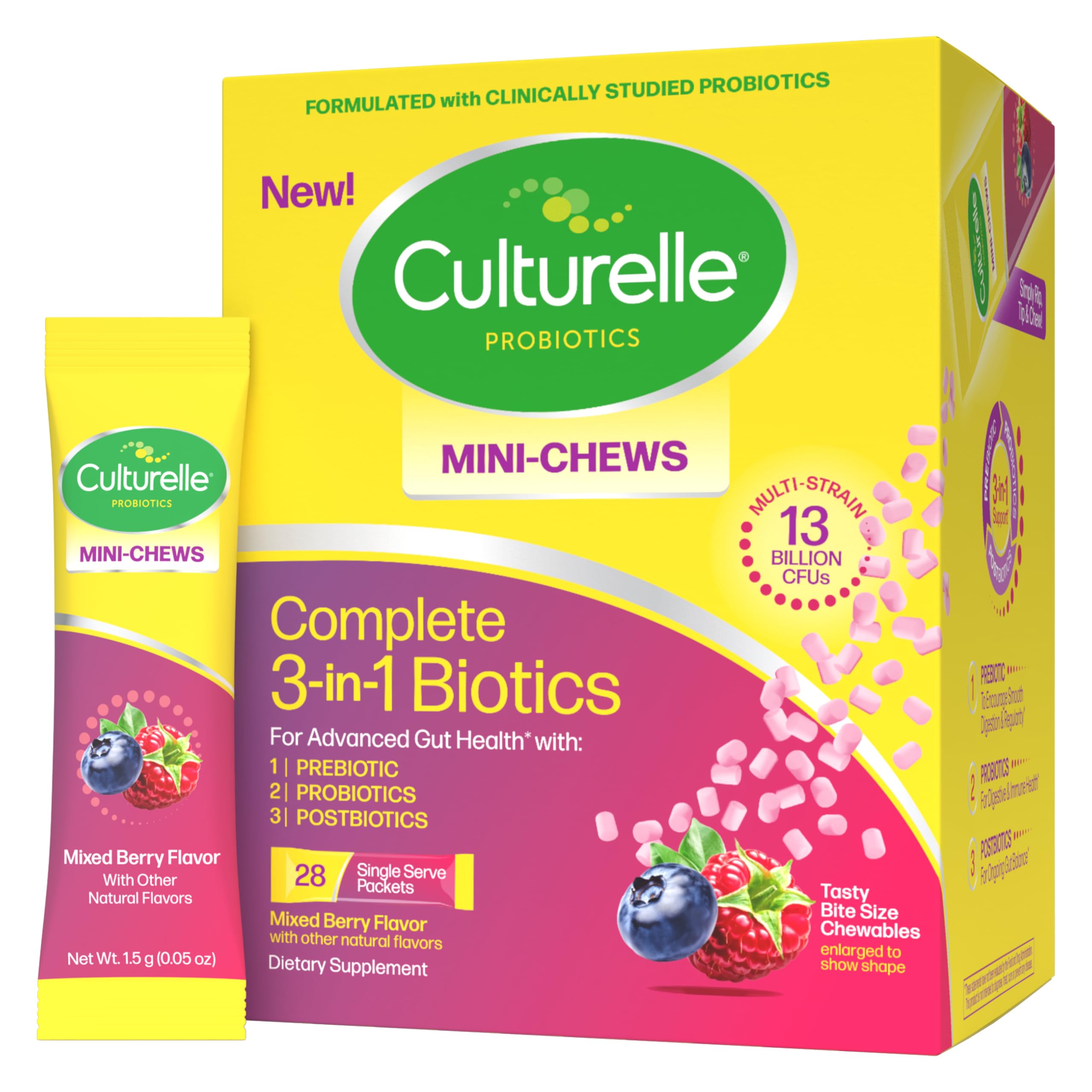 Culturelle paquete frontal mostrando mini-chews y beneficio conveniencia diaria