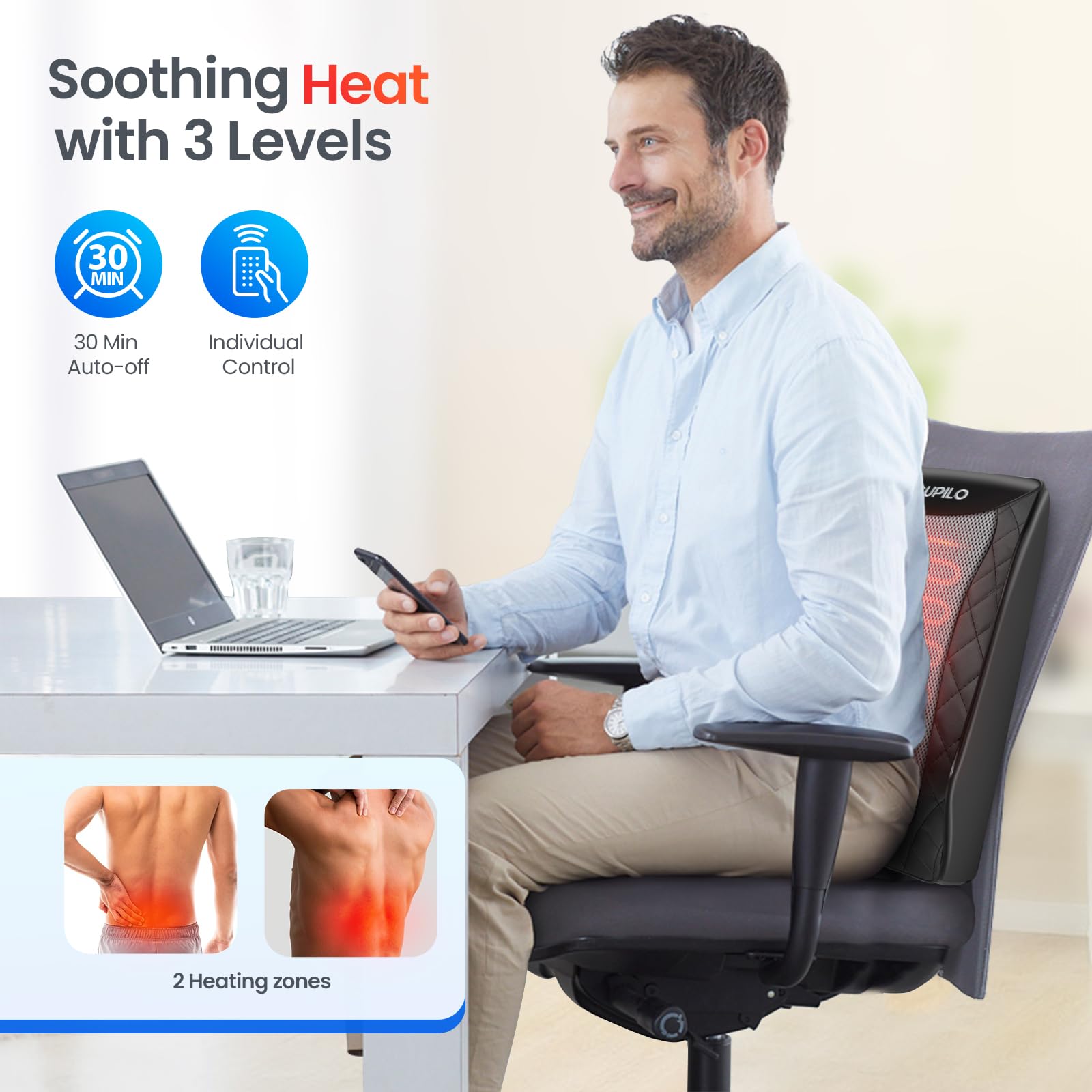 CuPiLo masajeador apoyado en sofá para relajación con calor y vibración