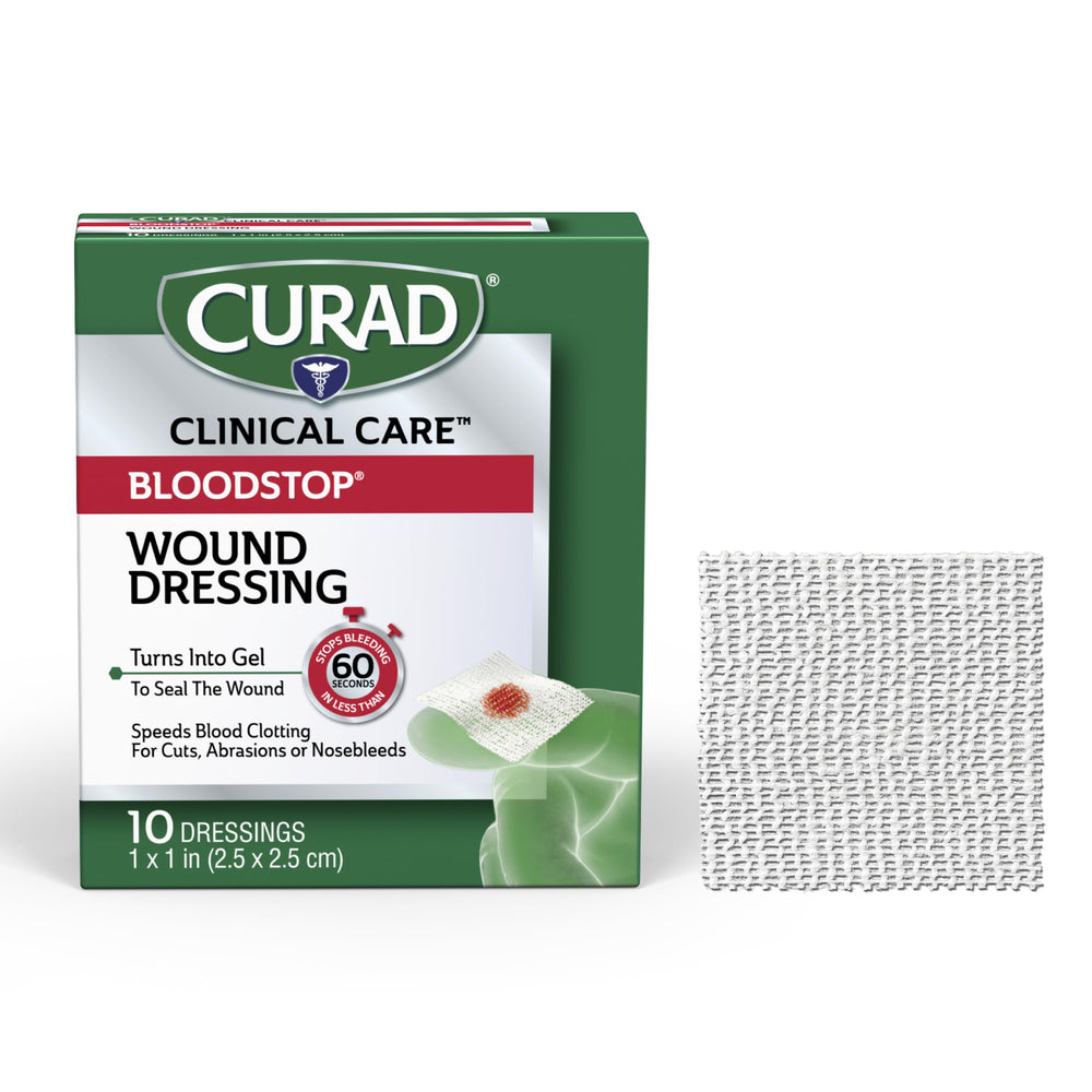 CURAD BloodStop empaque frontal mostrando 10 unidades y beneficios rápidos