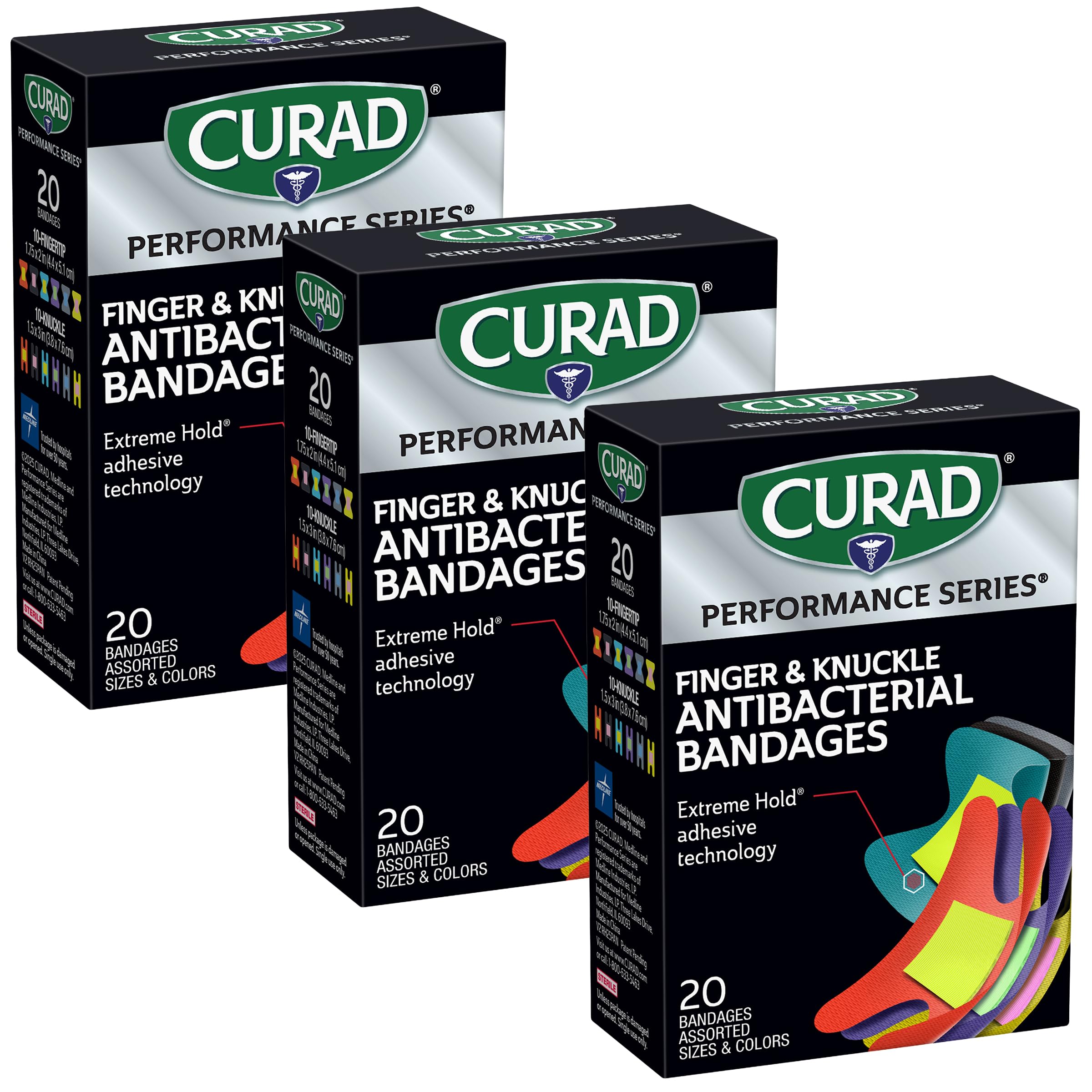 Curad frontal del empaque Performance Series mostrando variedad y pack de 3, protección fiable