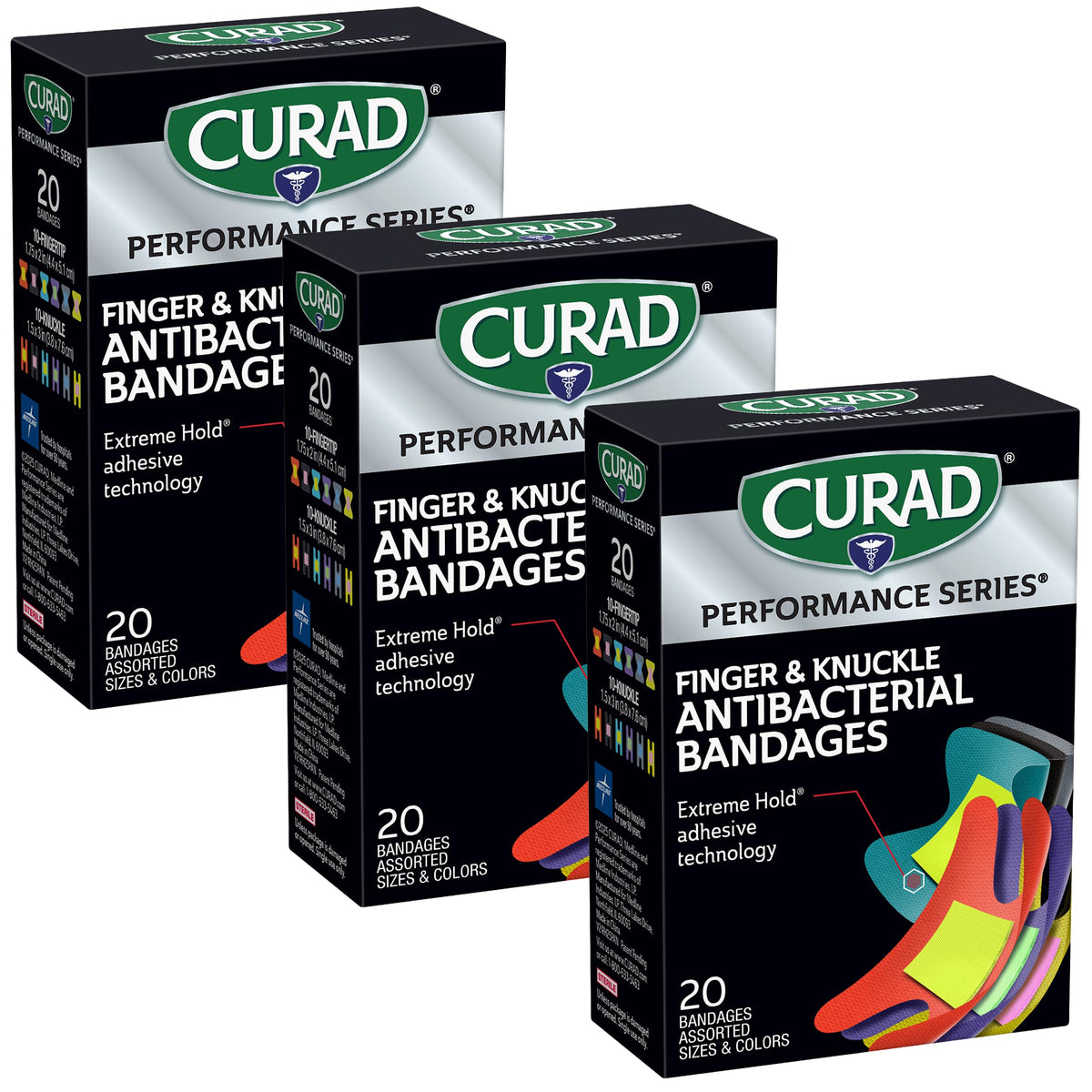 Curad frontal del empaque Performance Series mostrando variedad y pack de 3, protección fiable