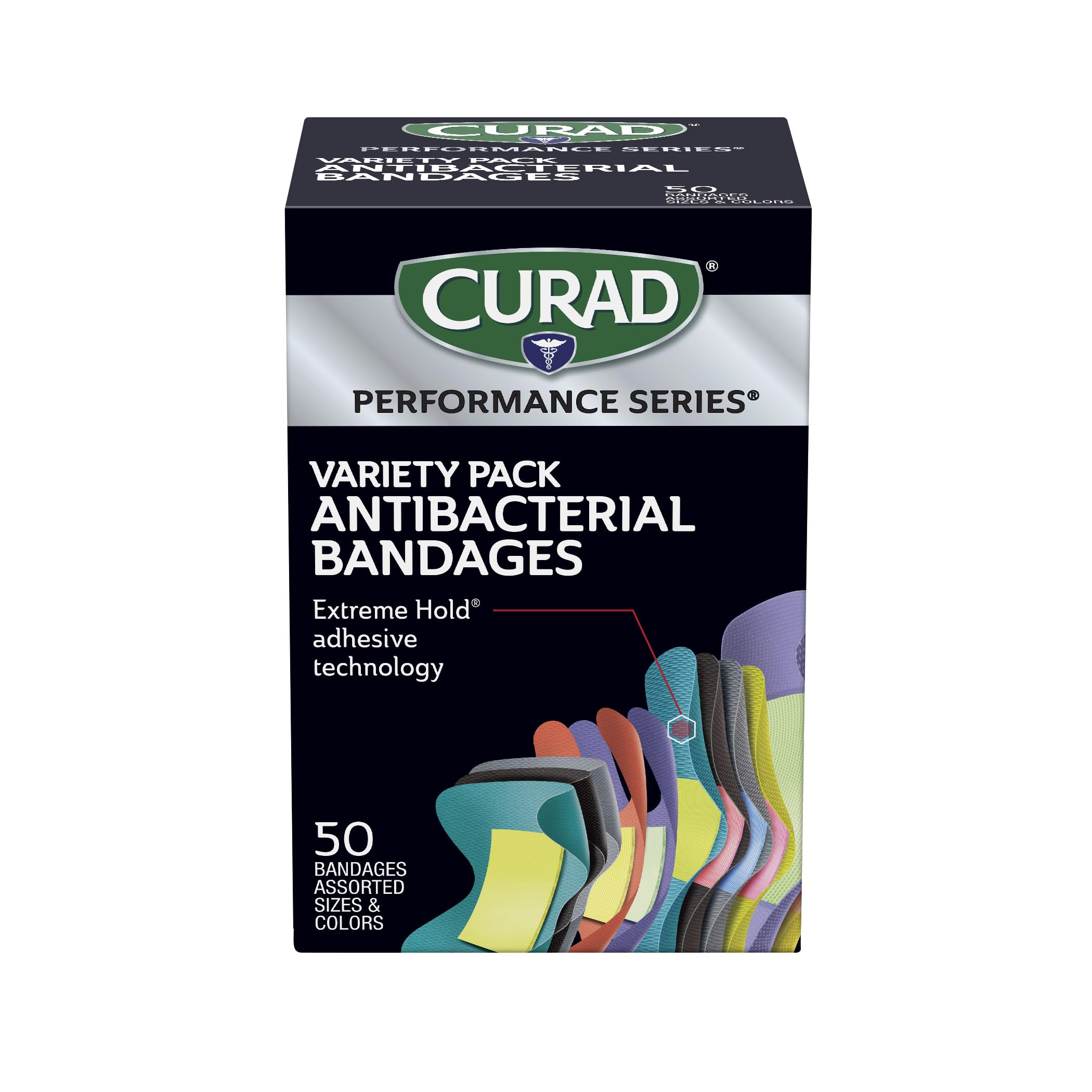 Curad paquete frontal Performance 50 unidades mostrando variedad y durabilidad