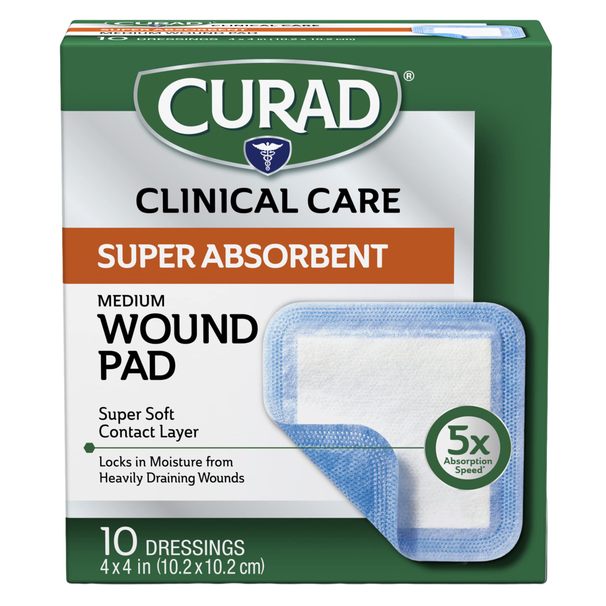 Curad pad frontal 4x4 mostrando tamaño y forma, absorción rápida