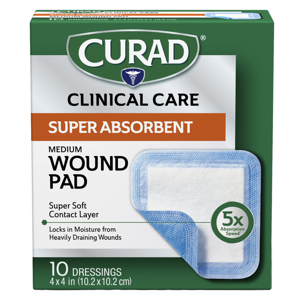 Curad pad frontal 4x4 mostrando tamaño y forma, absorción rápida