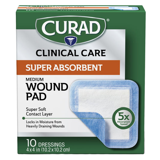 Curad pad frontal 4x4 mostrando tamaño y forma, absorción rápida