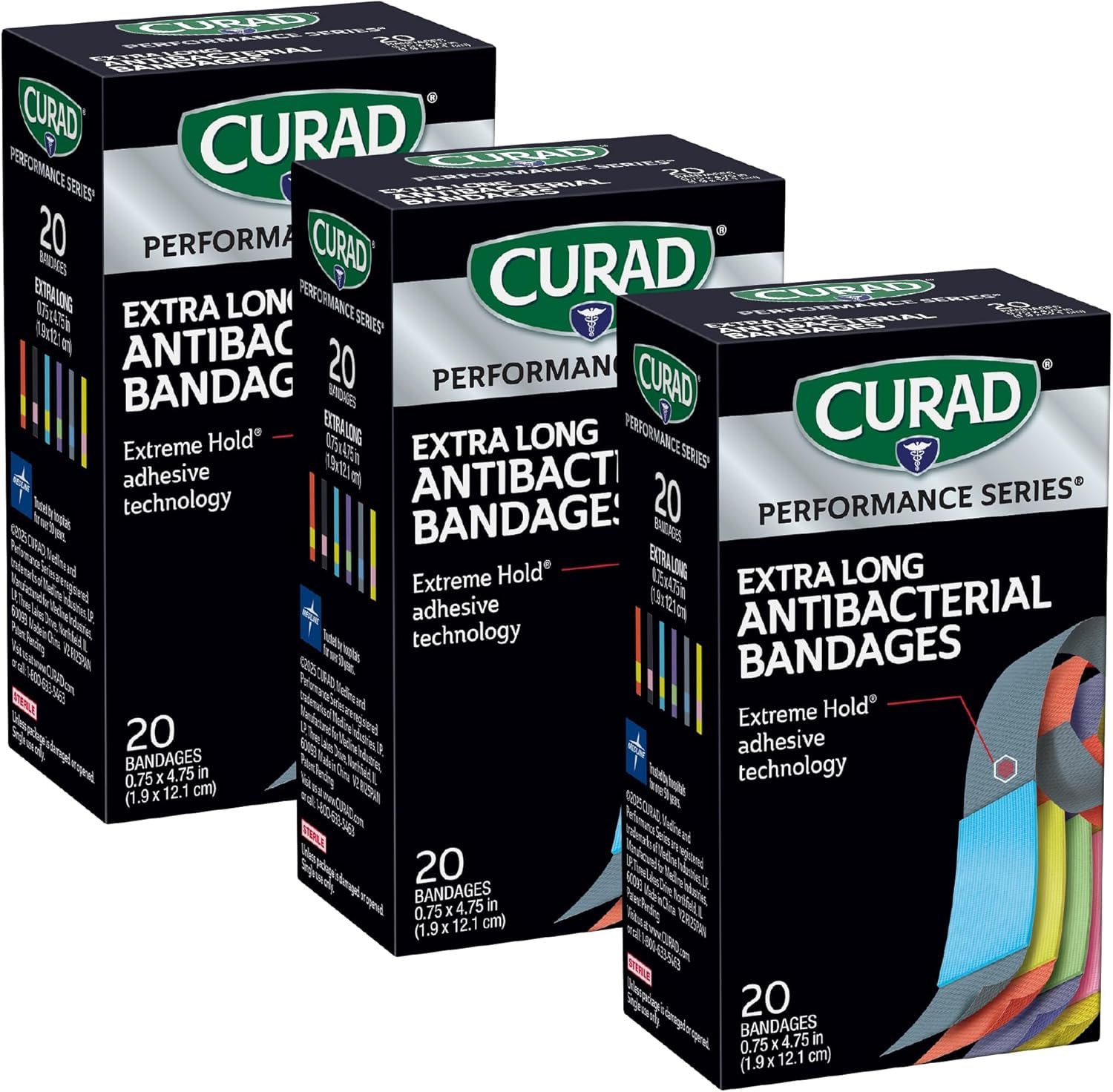 Curad paquete frontal mostrando apósitos extra largos y beneficio de protección duradera
