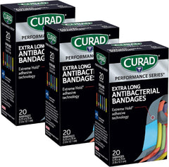 Curad paquete frontal mostrando apósitos extra largos y beneficio de protección duradera