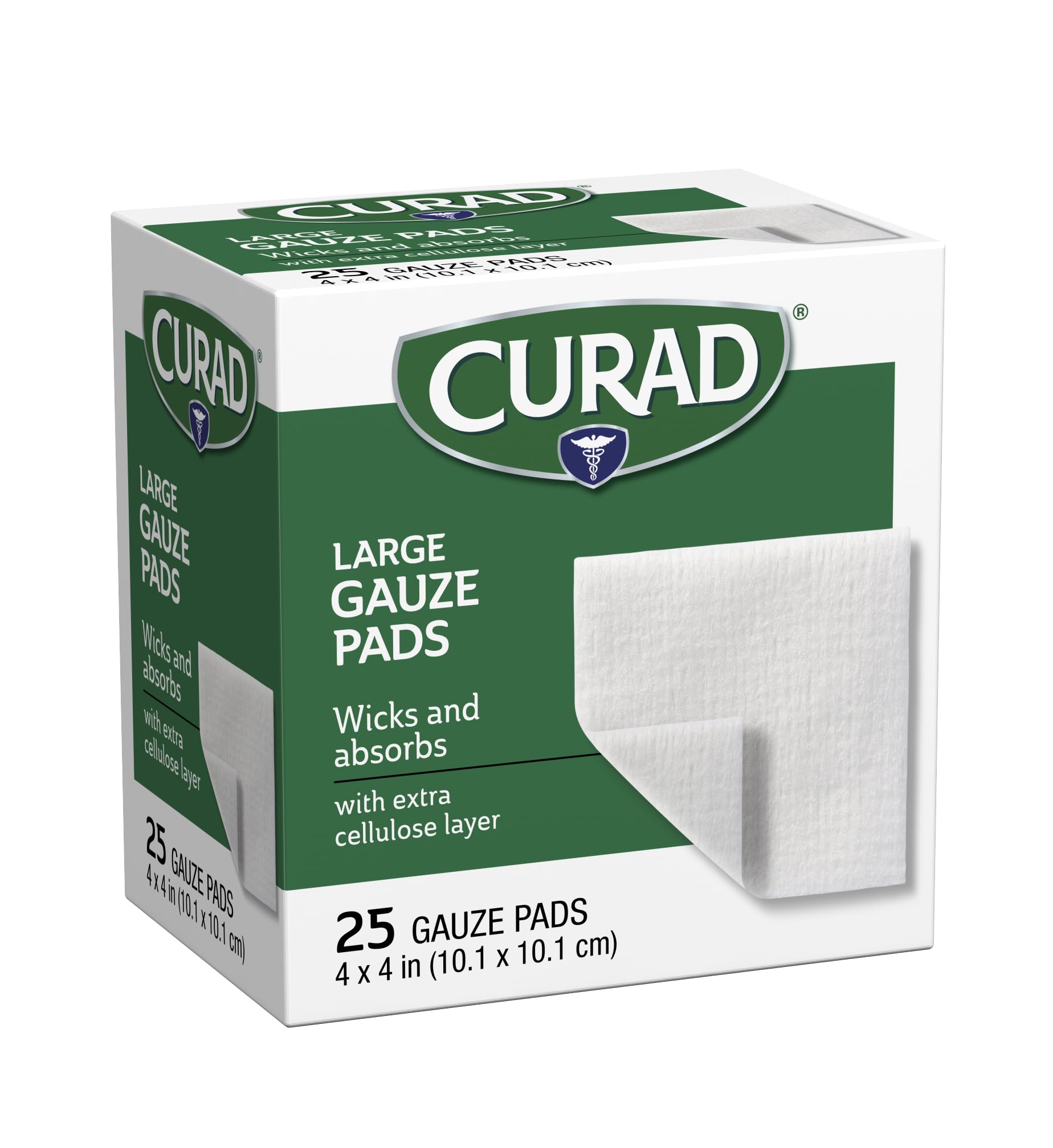 Curad Pro-Gauze comparación con mano para referencia de tamaño
