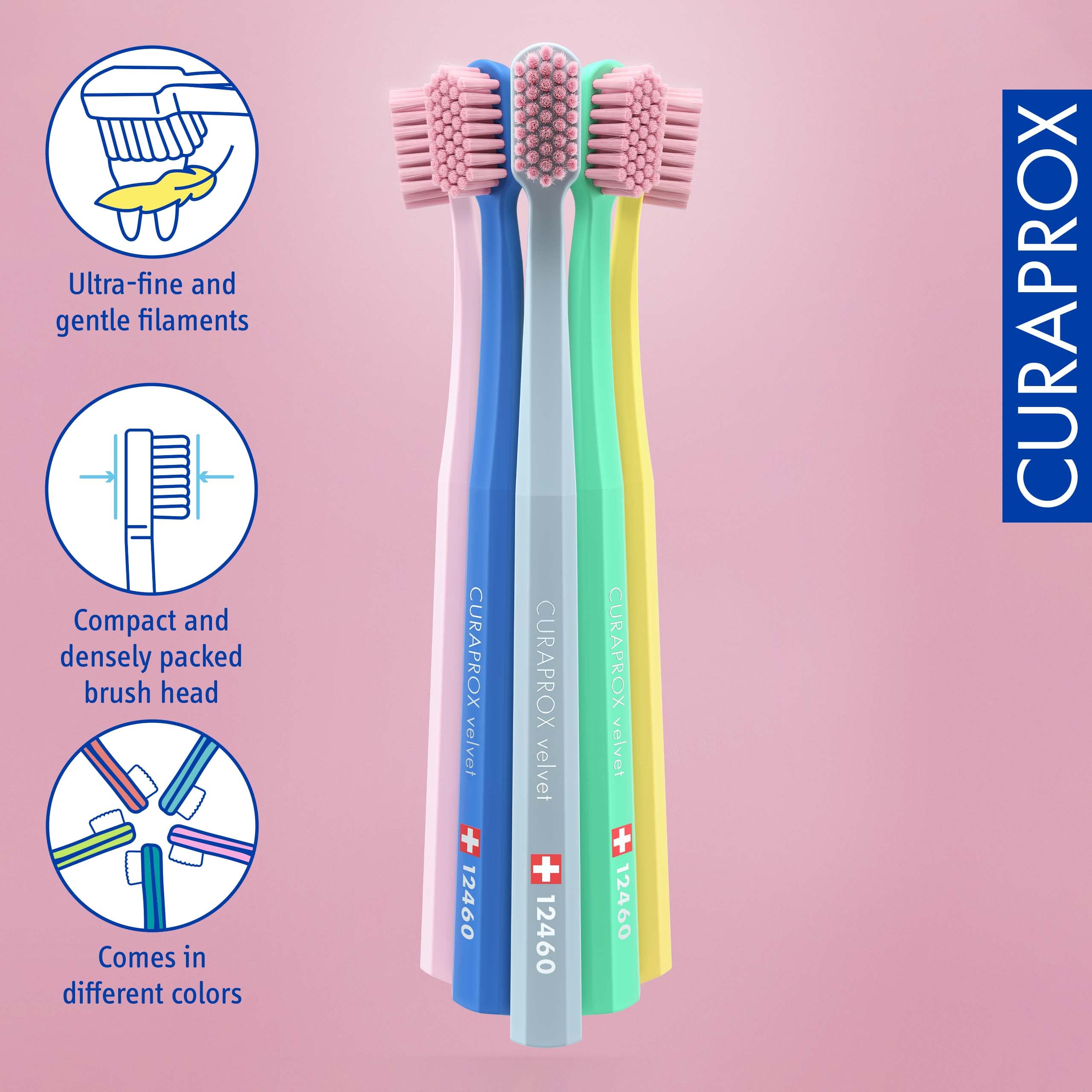 Curaprox cabezal compacto e inclinado que llega a molares y línea de encías con precisión