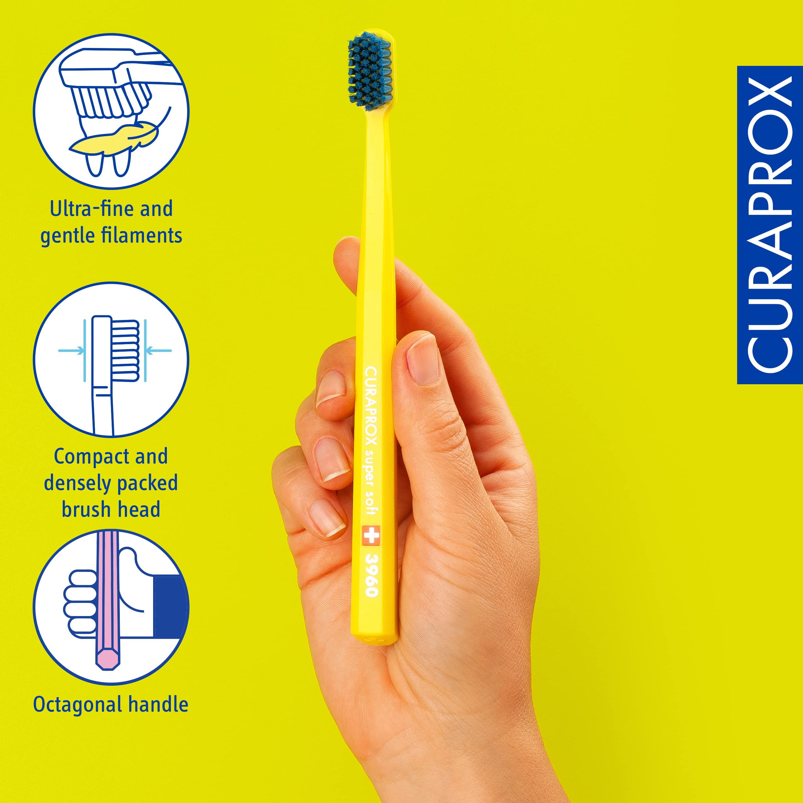 Curaprox cepillo en uso alcanzando molares y línea gingival con suavidad