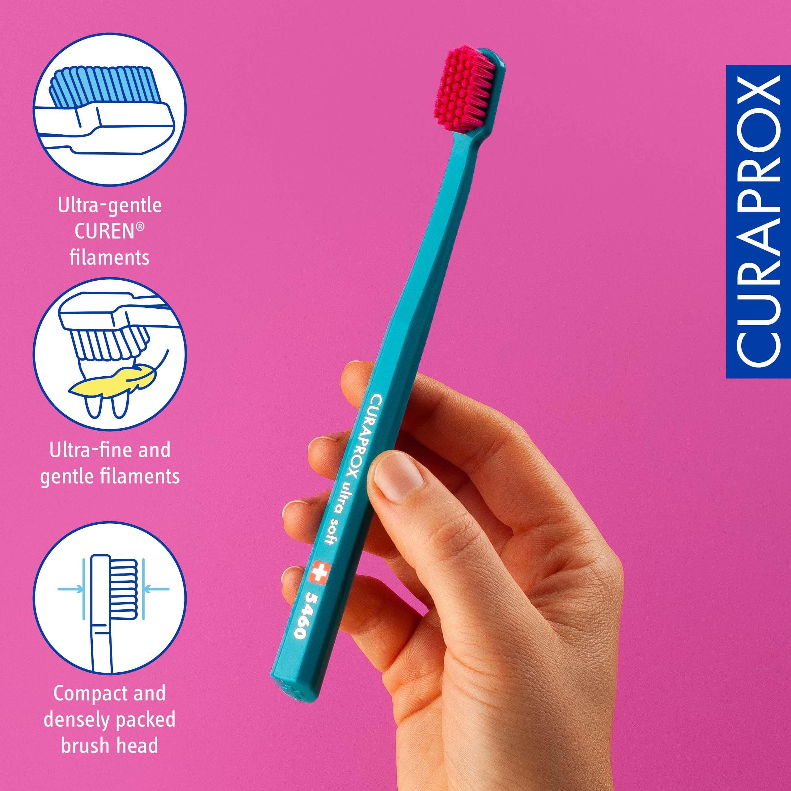 Cabezal ligeramente inclinado del Curaprox CS 5460 para acceder mejor a zonas difíciles