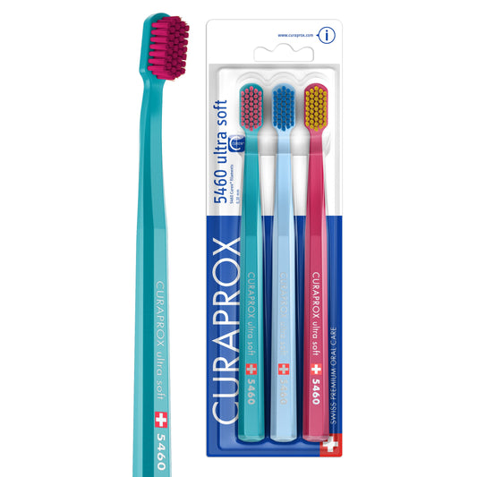 Curaprox CS 5460 frontal del pack con colores llamativos y diseño práctico, limpieza eficaz