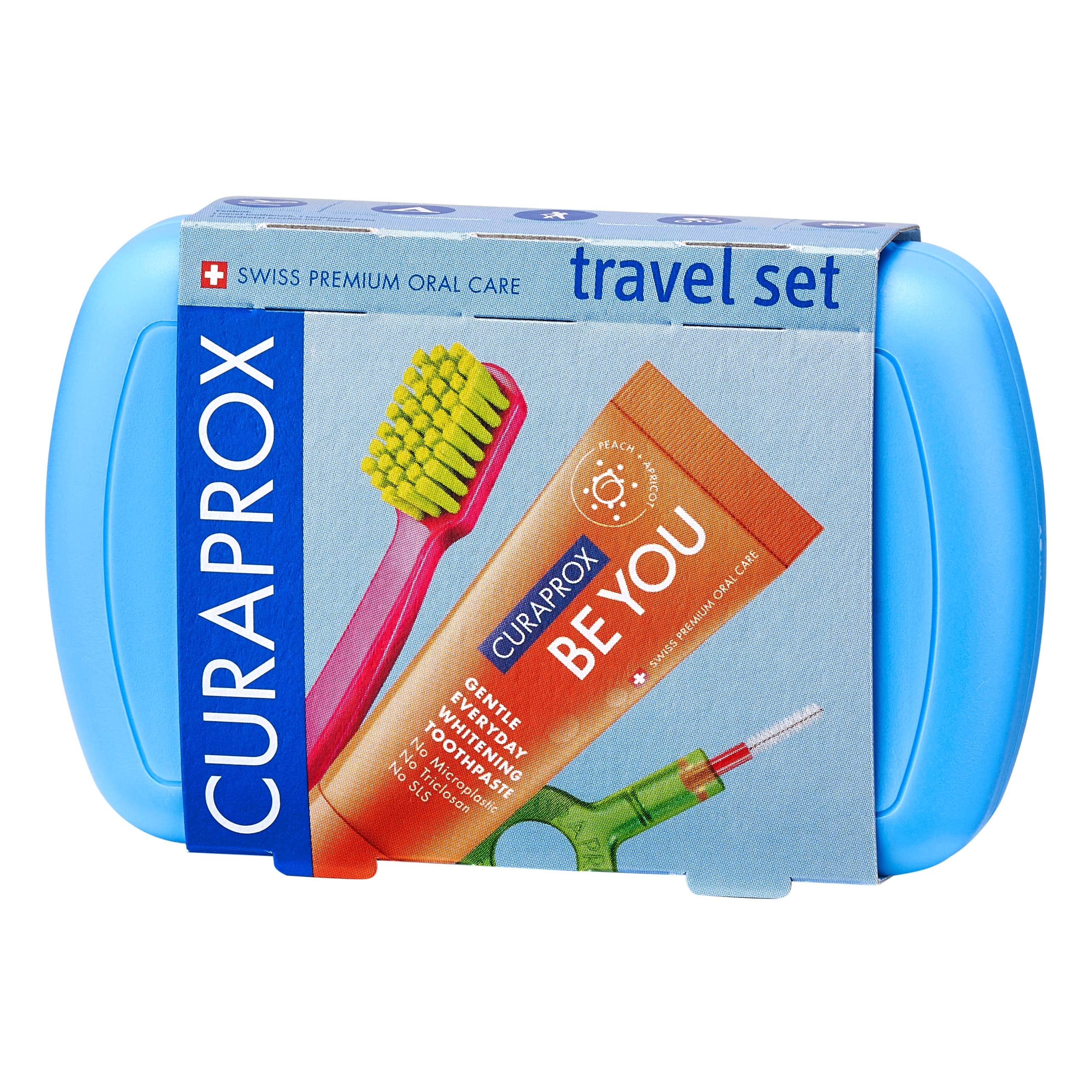 Curaprox estuche frontal azul mostrando contenido y transporte cómodo
