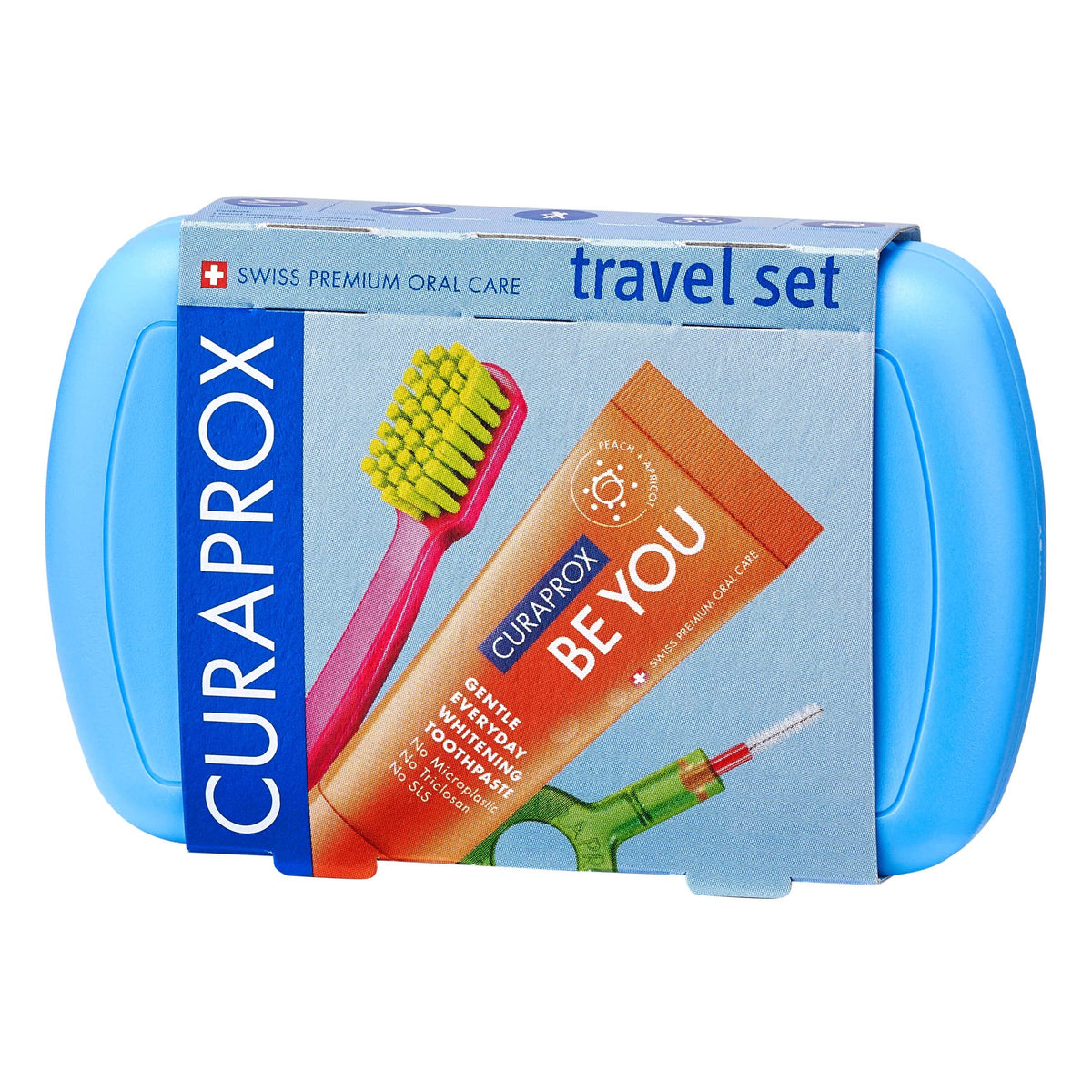 Curaprox estuche frontal azul mostrando contenido y transporte cómodo