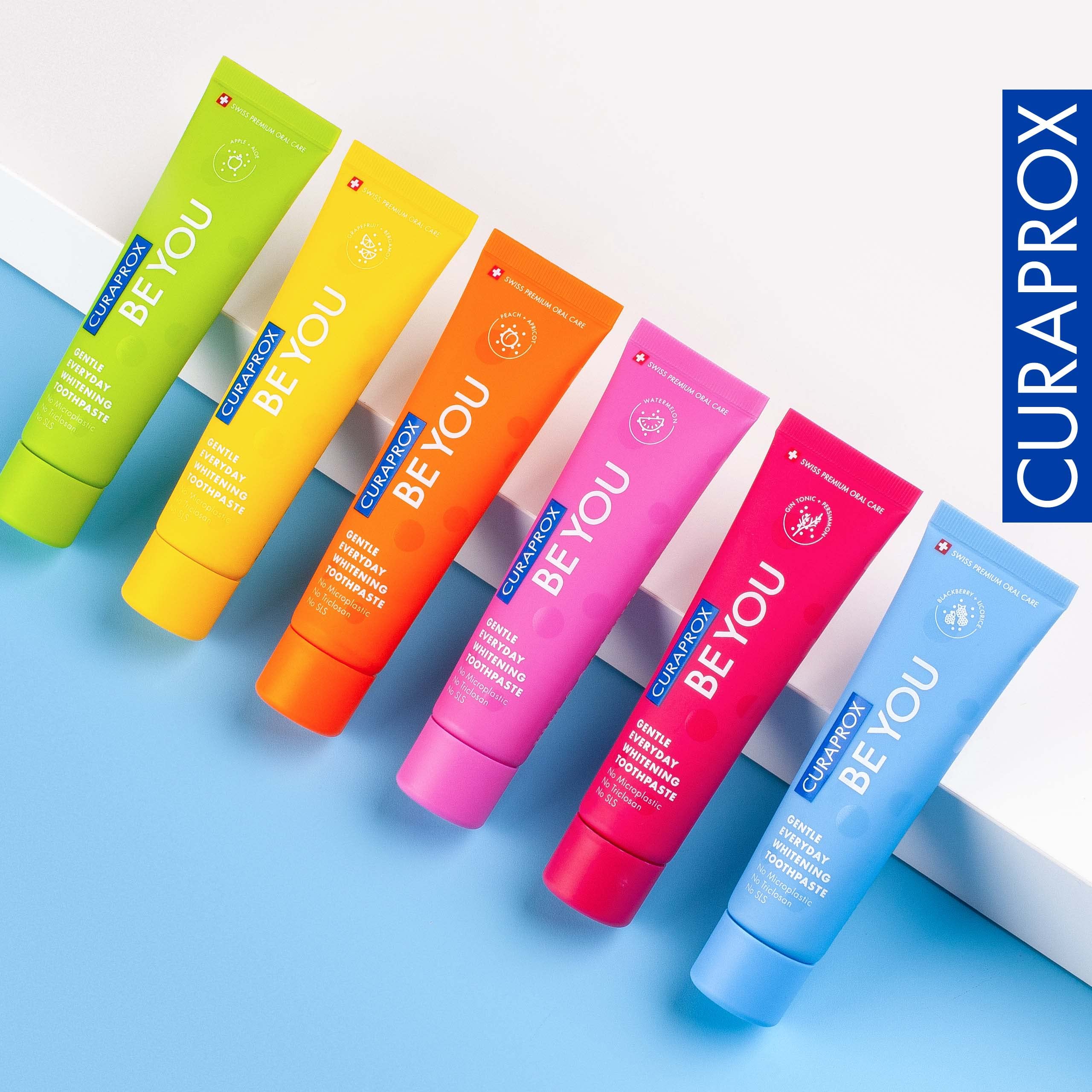 Curaprox etiqueta legible destacando ingredientes y confianza suiza
