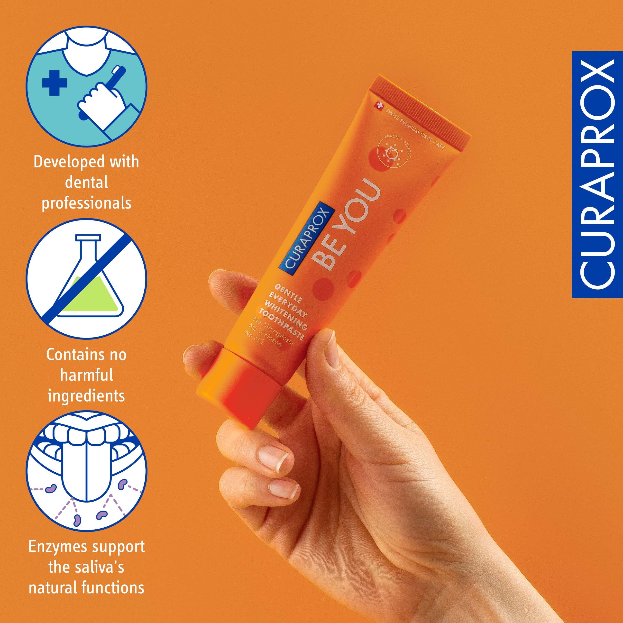 Frasco con extractos de equinácea y naranja junto a Curaprox, beneficio soporte gingival