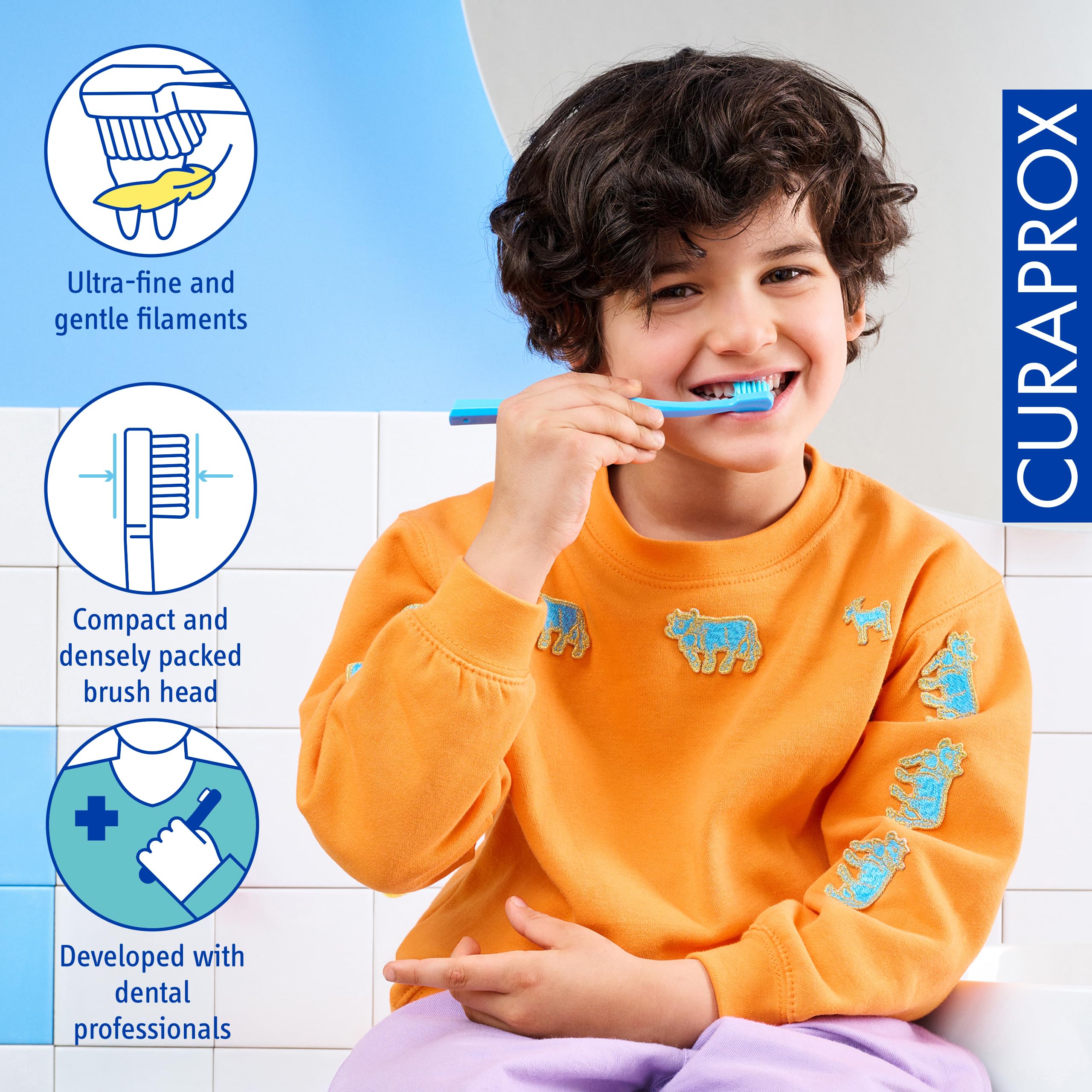Curaprox niño cepillándose con mango ergonómico, facilita independencia y control