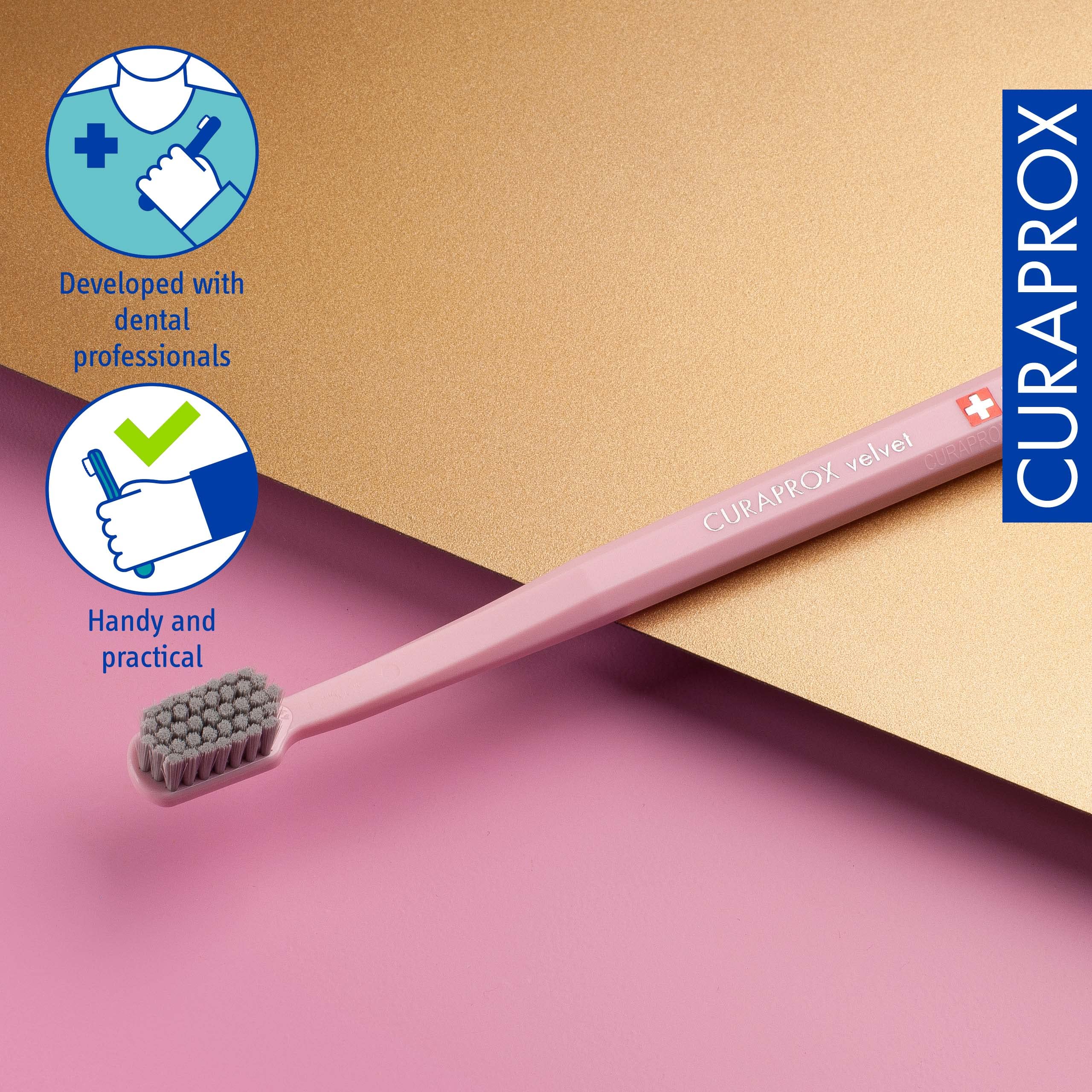 Curaprox mango octogonal en mano demostrando agarre firme y control al cepillar