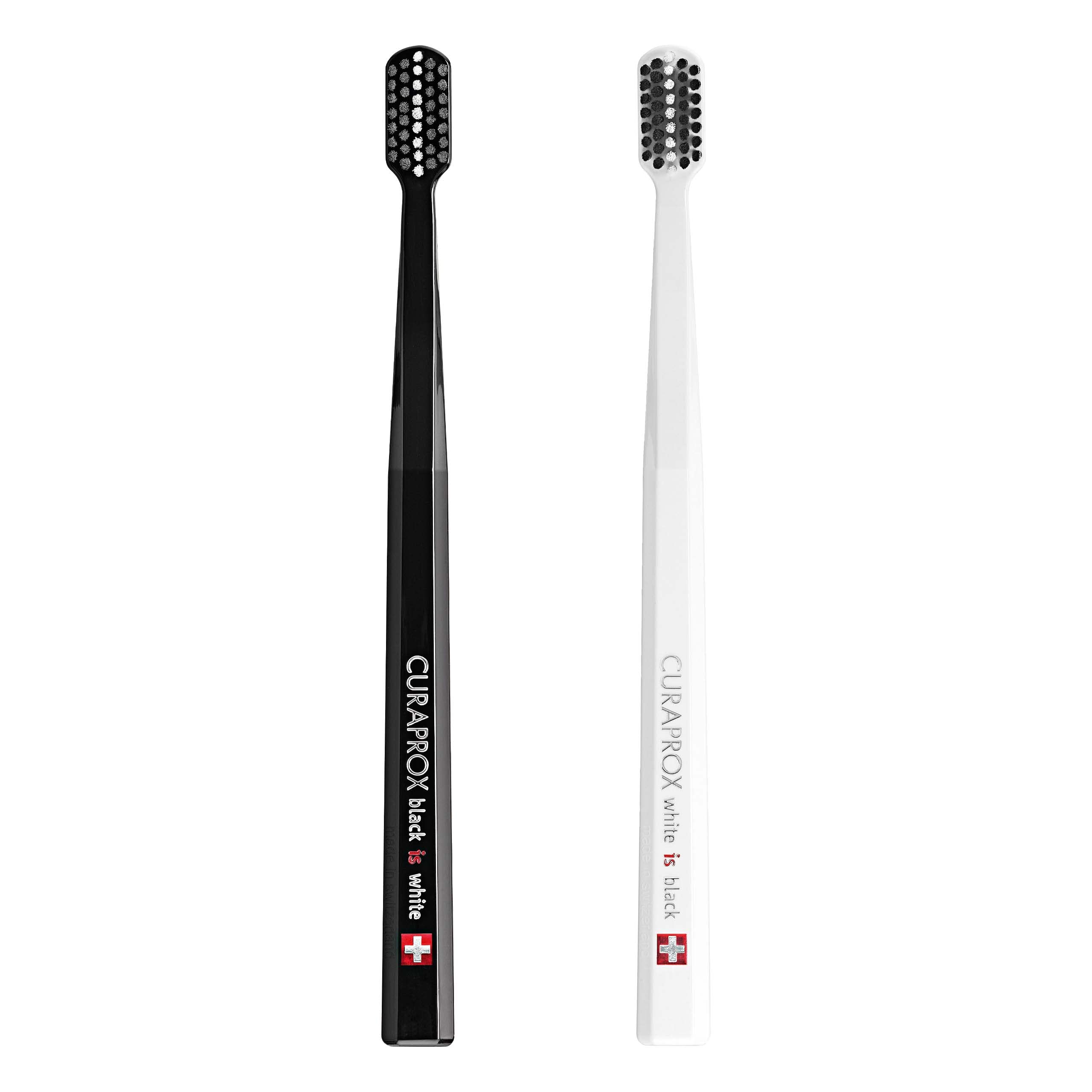 Curaprox pack frontal blanco y negro mostrando diseño y colores — limpieza confiable