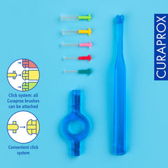 Curaprox primer plano del portacepillo UHS 409, agarre estable y control