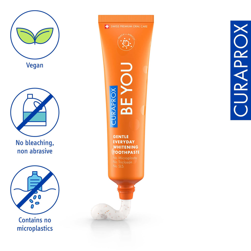 Curaprox tubo junto a moneda para escala, beneficio tamaño práctico 60 ml