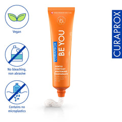 Curaprox tubo junto a moneda para escala, beneficio tamaño práctico 60 ml