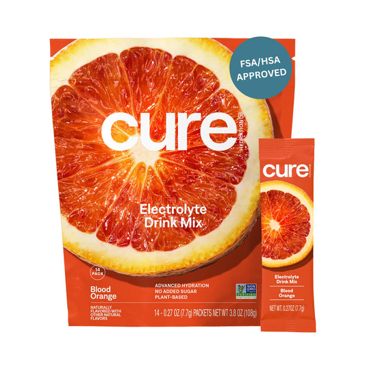 Cure Hydration vista frontal del empaque mostrando 14 sobres y beneficio práctico