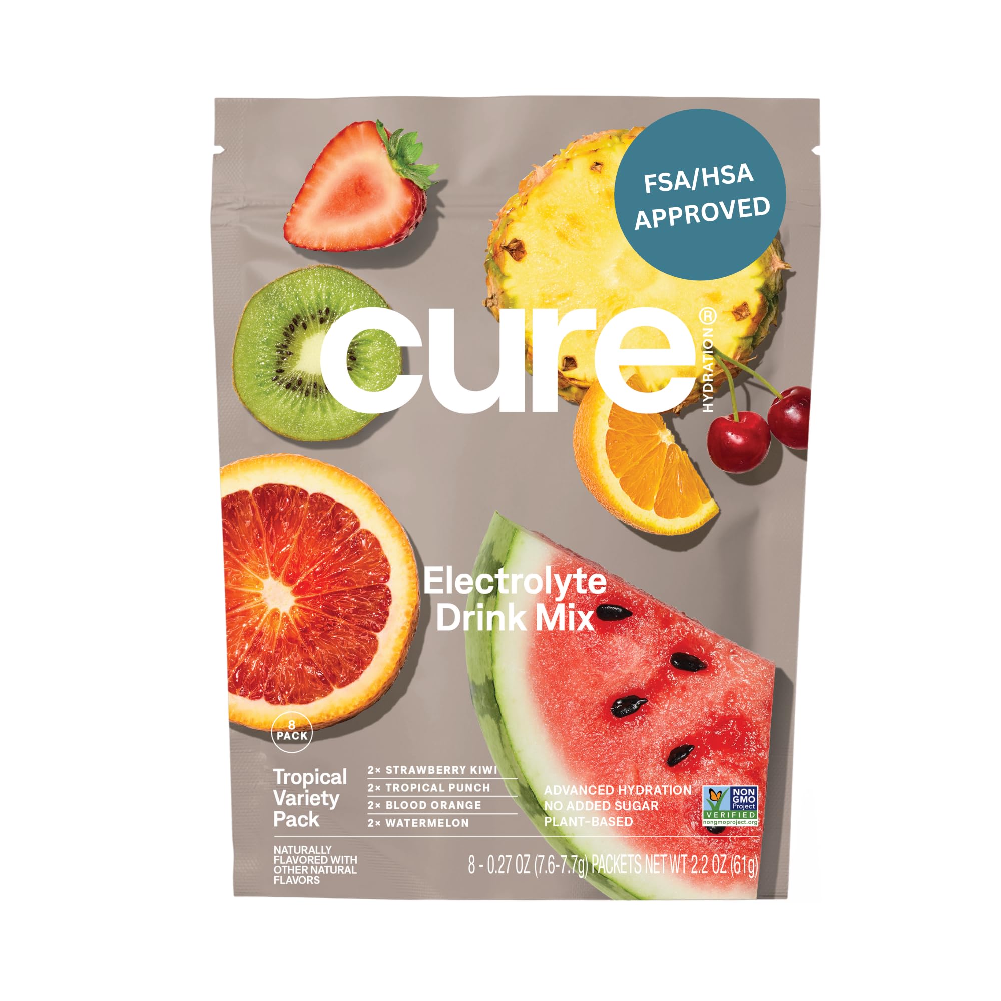 Cure Hydration empaque frontal Tropical mostrando 8 sobres y beneficios visibles