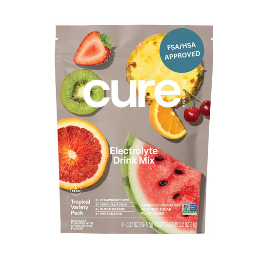 Cure Hydration empaque frontal Tropical mostrando 8 sobres y beneficios visibles