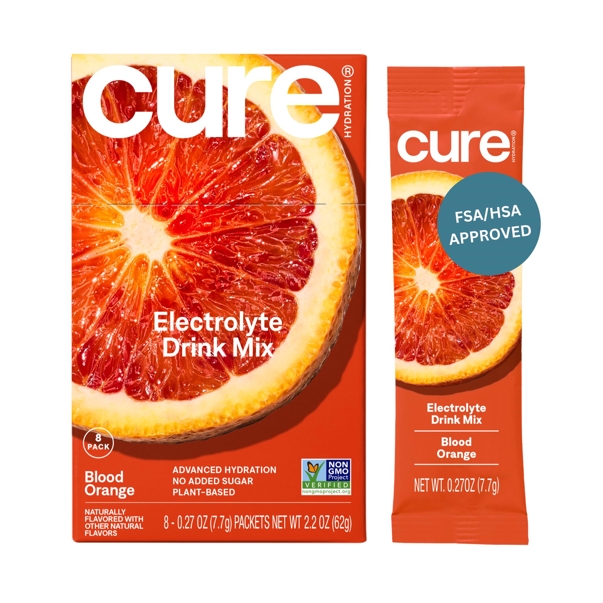 Cure Hydration empaque frontal Blood Orange mostrando el diseño y beneficios