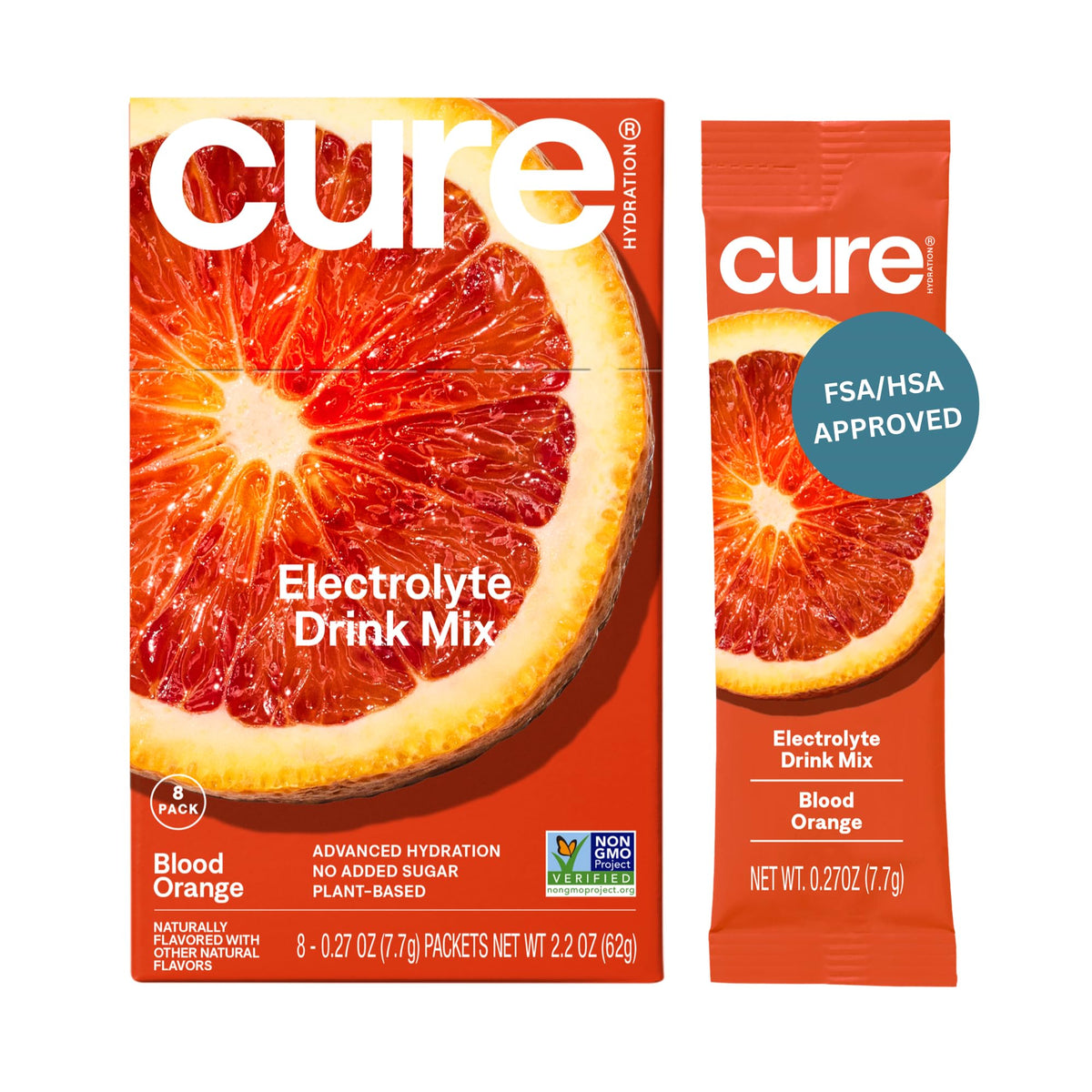 Cure Hydration empaque frontal Blood Orange mostrando el diseño y beneficios