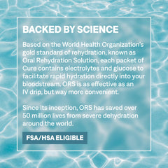 Cure Hydration escena lifestyle con mochila y bebida, beneficio para viajes y deportes