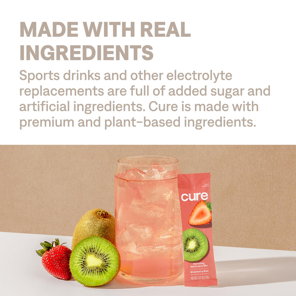 Cure Hydration etiqueta con certificaciones sin gluten y vegan