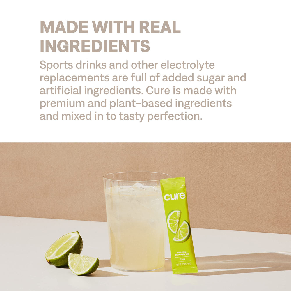 Cure Hydration etiqueta nutricional close-up aclarando electrolitos