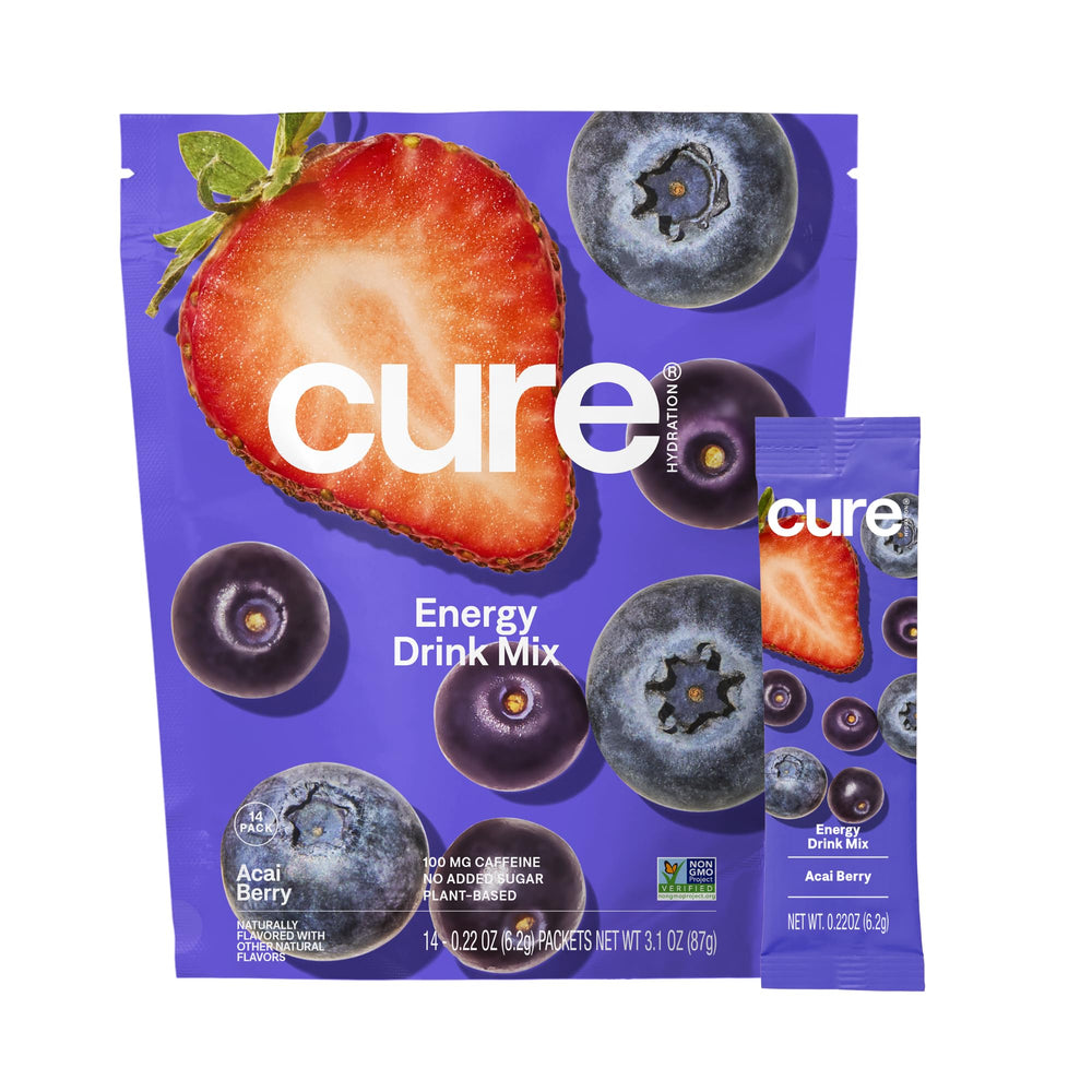 Cure Hydration frente del empaque mostrando 14 sobres y beneficios visibles