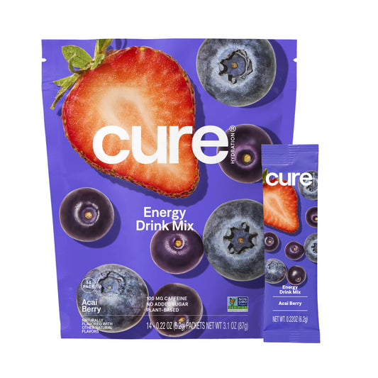 Cure Hydration frente del empaque mostrando 14 sobres y beneficios visibles