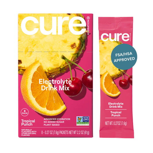 Cure Hydration frente del empaque mostrando 8 sobres y beneficios claros