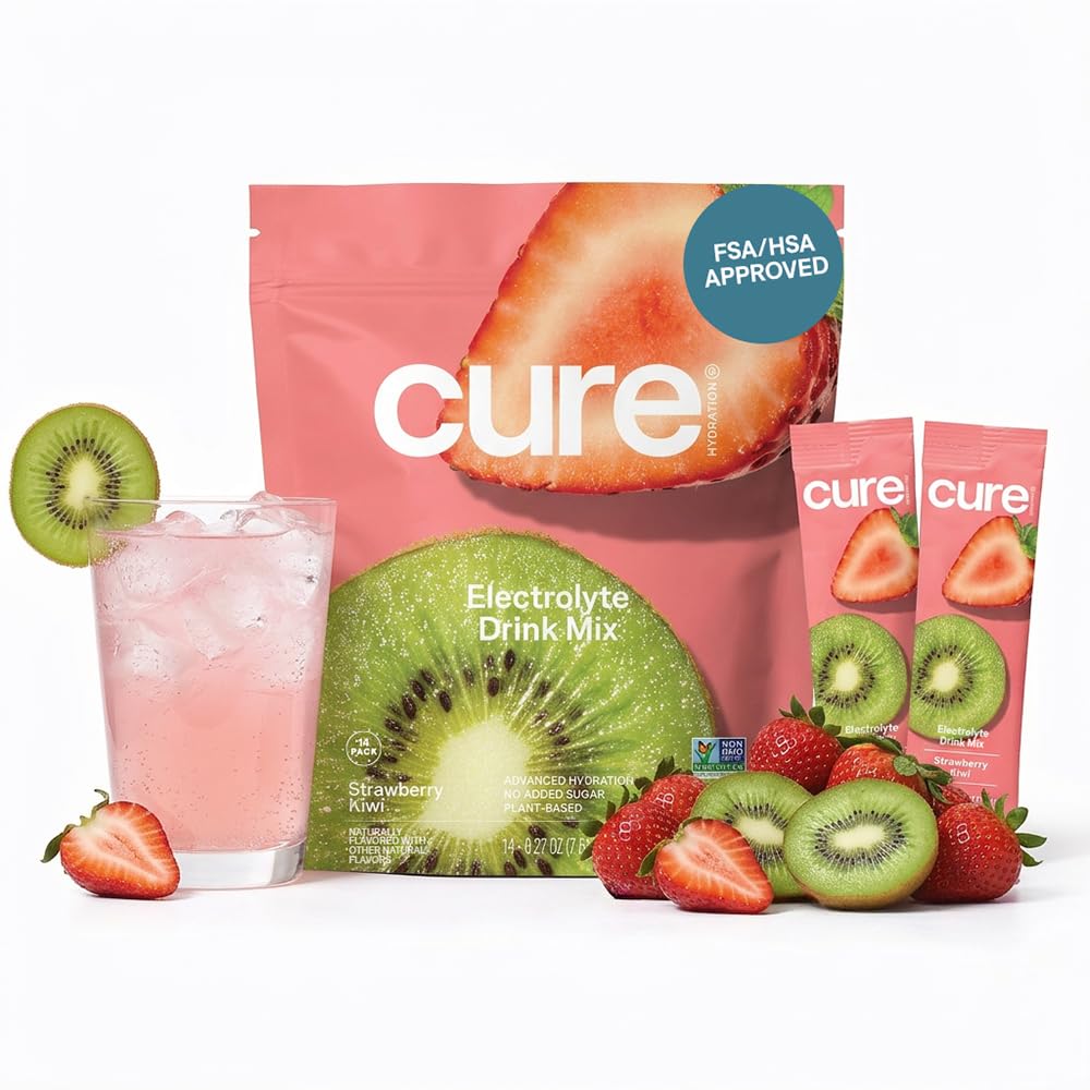 Cure Hydration frente del empaque mostrando 14 sobres y beneficio portátil