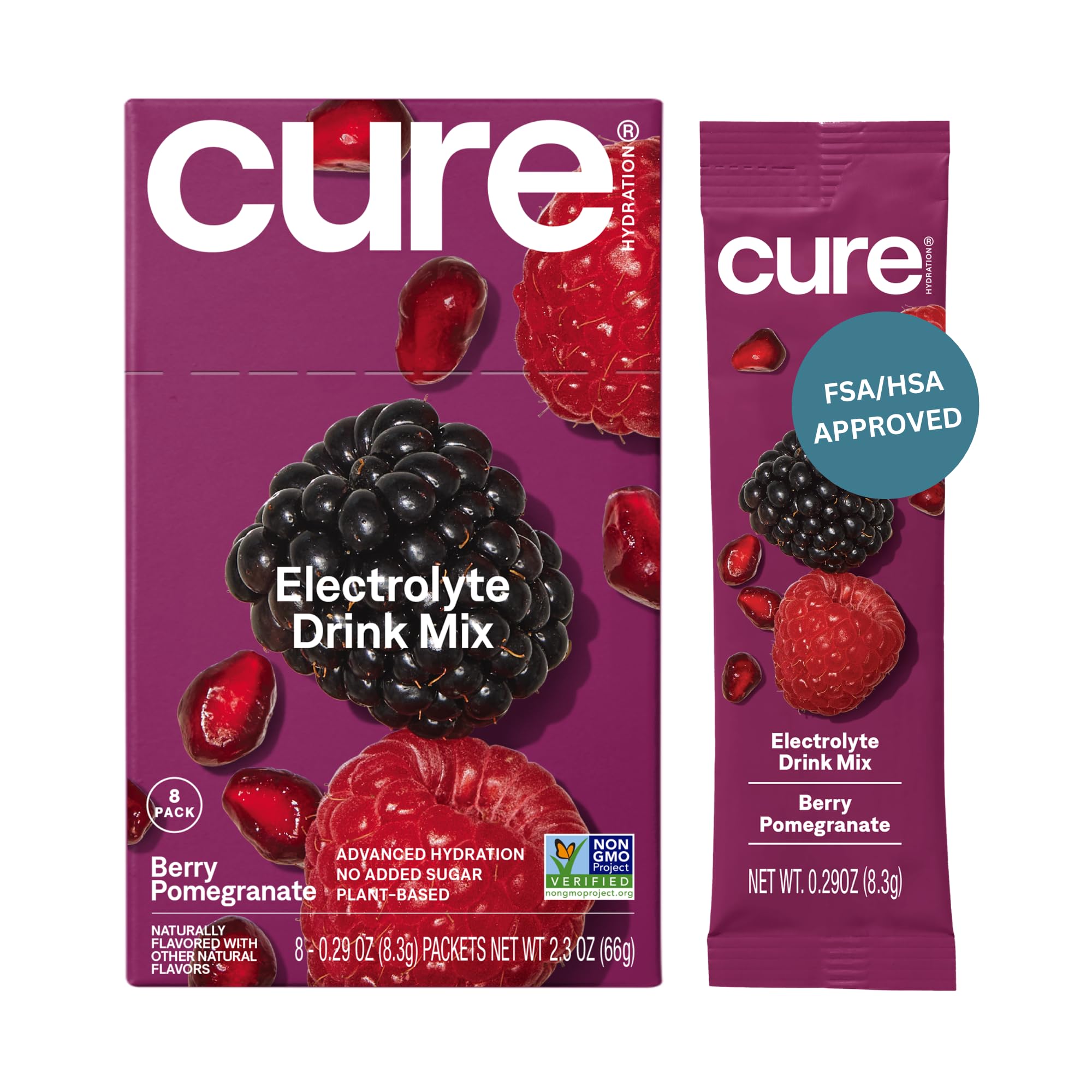 Cure Hydration frente del empaque mostrando 8 sobres y diseño colorido, fácil transporte