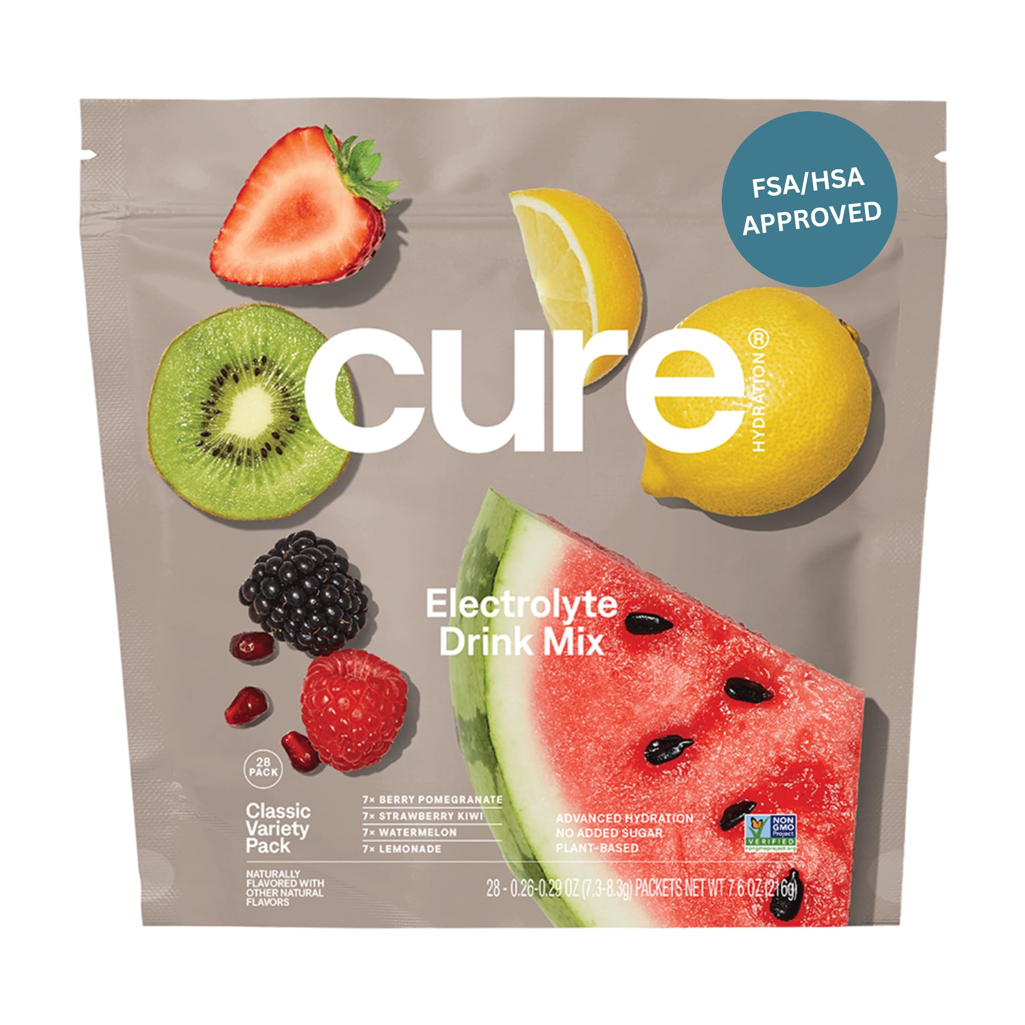 Cure Hydration frente del paquete mostrando 28 sobres y beneficio de conveniencia
