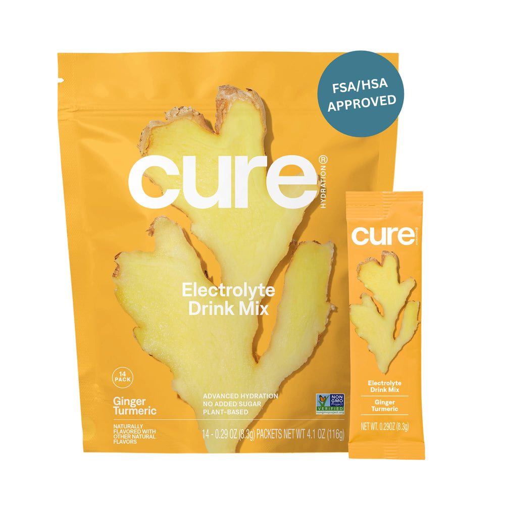 Cure Hydration frente del paquete mostrando 14 sobres y beneficio de portabilidad