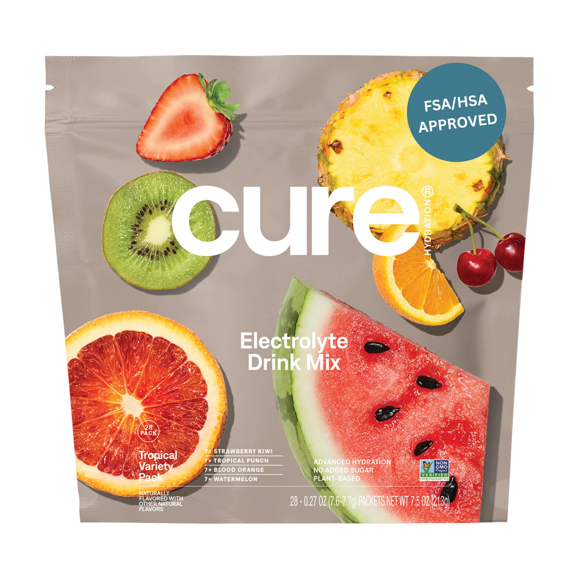Cure Hydration empaque frontal tropical mostrando beneficios rápidos