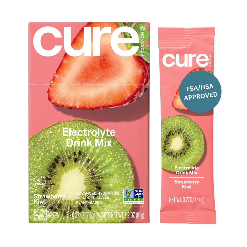 Cure Hydration empaque frontal mostrando 8 sobres y beneficio de rehidratación rápida