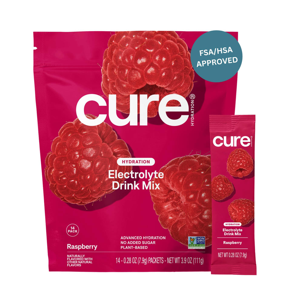 Cure Hydration paquete frontal mostrando 14 sobres y beneficio hidratación rápida